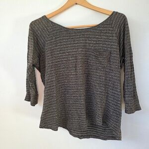 Forever 21 Women's Gray/Gold Striped 3/4 Sleeve Top - Small